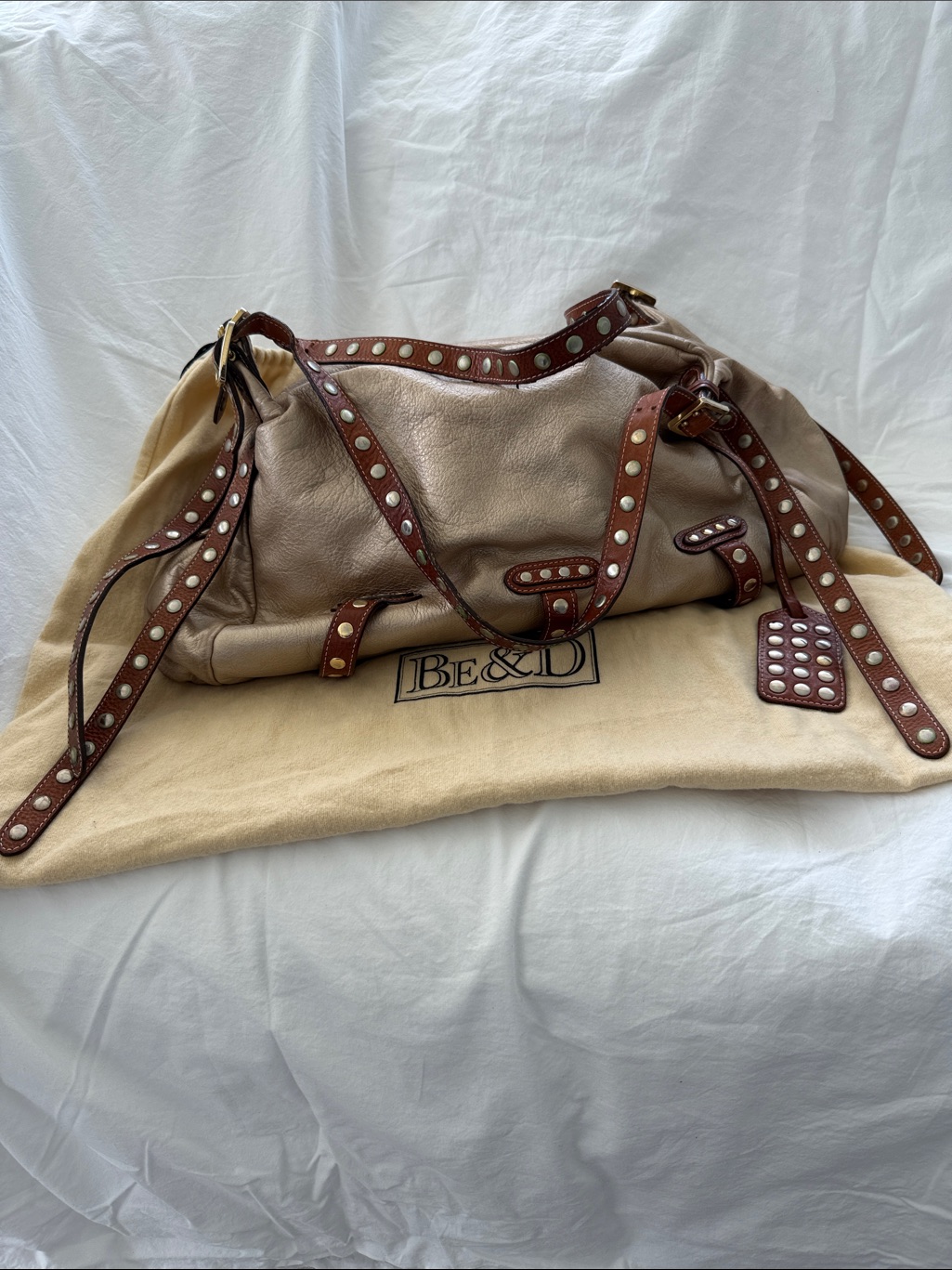 Be & D Gold Leather Stud-Trim On Tan Straps Shoulder Bag